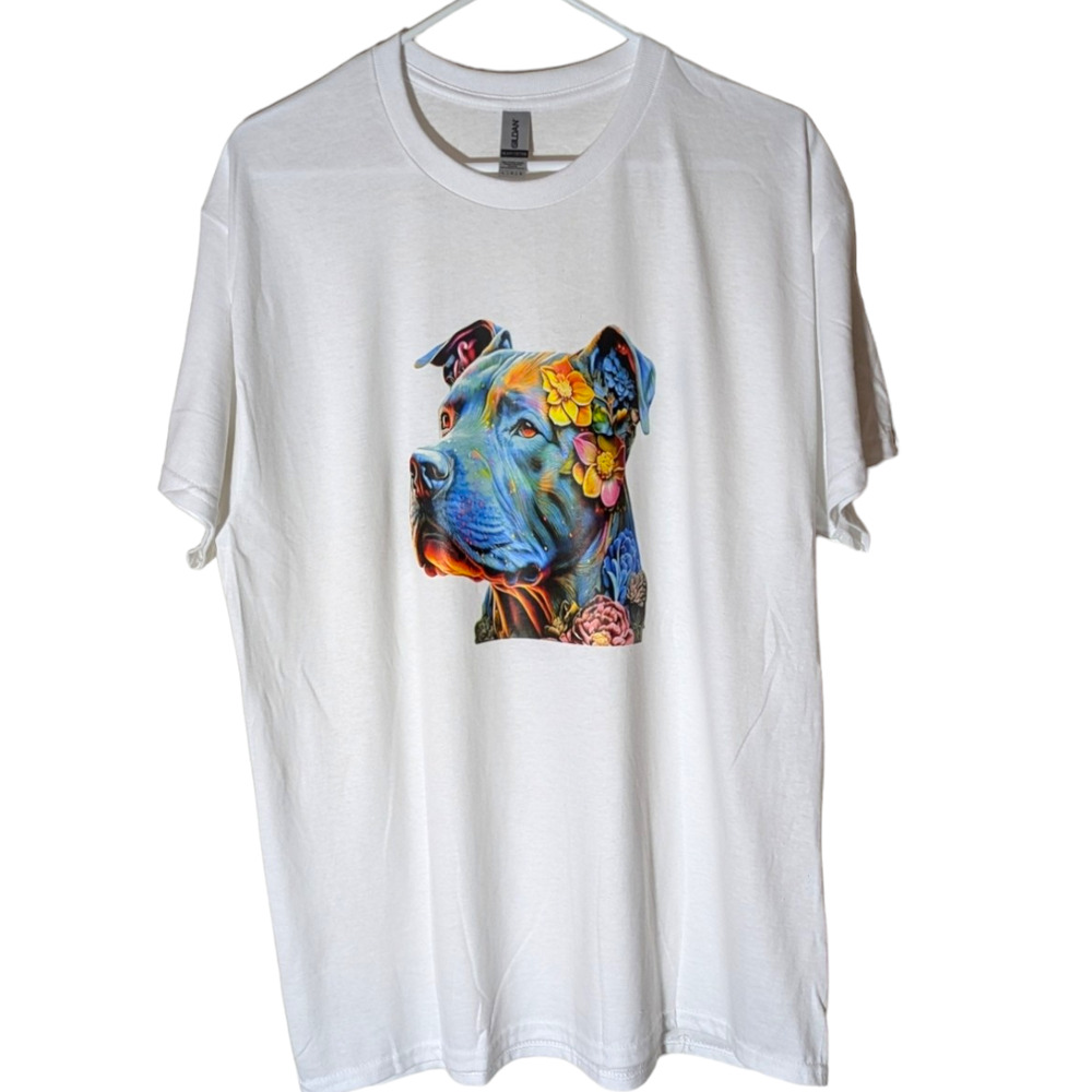 Bright Colorful Pitbull - White Graphic Tee Shirt - Size L - NWOT